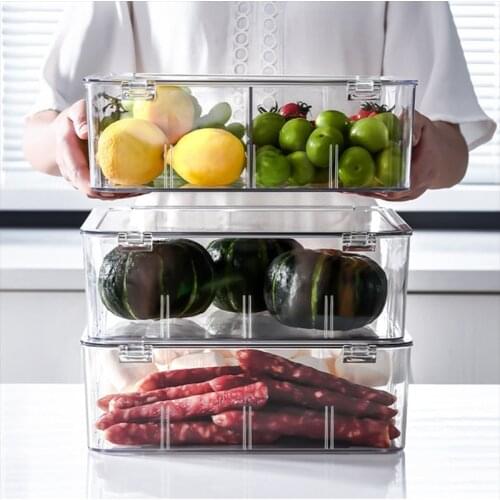 Fruit Vegetable Storage Crisper With Cover Kitchen PET Plastic Storage Containers Refrigerator Food Partitioned Storage Box