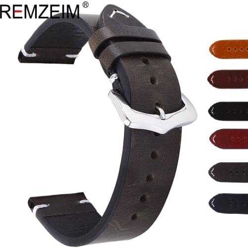 REMZEIM Vintage Genuine Leather Watchbands Green Blue Red Black Brown 18 20 22 24mm Women Men Cowhide Watch Band Strap