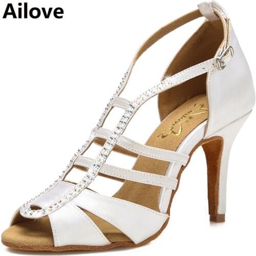 Women Ballroom Latin Salsa Dance Sandals White Satin Rhinestone Party Wedding Shoes with Suede Sole Multiple Heel Height ALS064