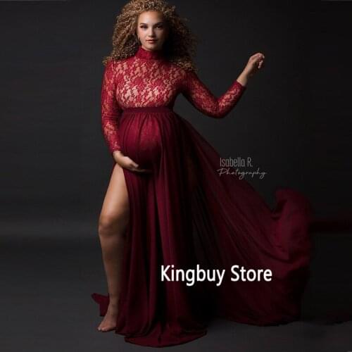 Sexy Lace Bodysuit +High Split Pregnancy Gown Dress Photography Elegant Long Sleeve Maternity Maxi Gown Dresses for Photo Shoot
