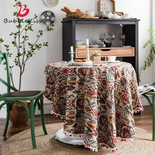 Bubble Kiss Tablecloth American Color Jacquard Geometric Bohemian Round Cotton Linen Soft Dinning Coffee Table Decor Tablecloth