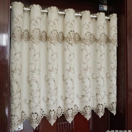 Sunshade Curtain Half-curtain Countryside Flower Embroidered Window Valance Lace Hem Coffee Curtain for Kitchen Cabinet Door
