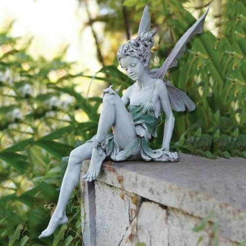Flower Fairy Statue Sitting Art Sculpture Figurines Garden Ornament Angel Wings Resin Craft Landscaping Home Decoration Outdoor