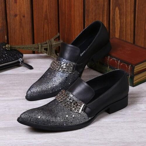 Christia Bella Pointed Toe Man Sequins Real Leather Splicing Shoes Party Male Large Size Shoes Fashion Mens Prom Dress Shoes