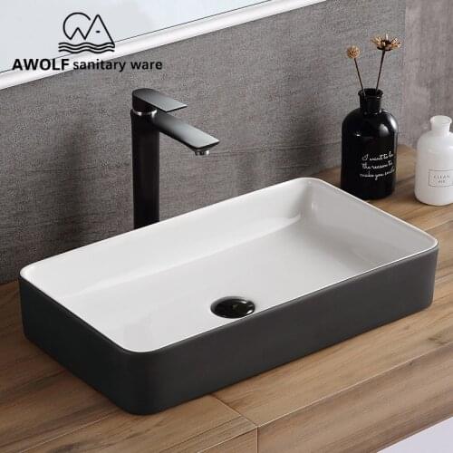 Bathroom Sinks Ceramic Vessel Basin Sink 610*350*115mm Matte Black Simplicity Above Counter With Pop Up Drain Soft Hose AM811