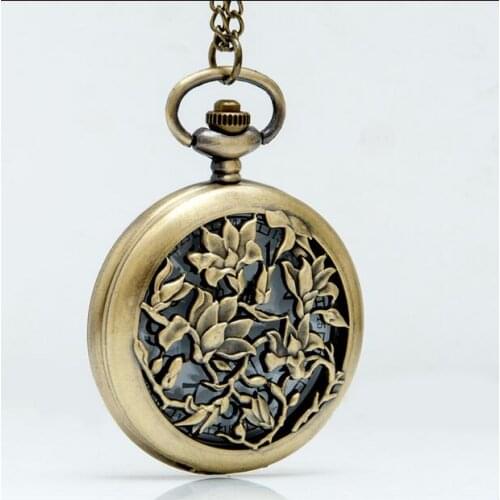 Vintage Bronze antiques orchid Fashion quartz pendant woman jewelry Necklace pocket watches gift