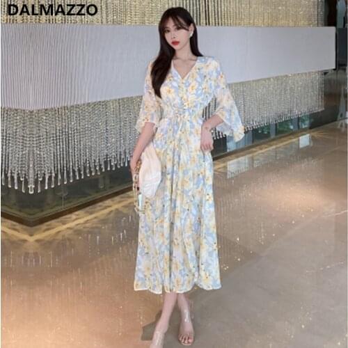 DALMAZZO Vintage Women V Neck Flare Sleeve Summer Long Dress 2021 New Arrival Print Chiffon Holiday Vestidos Clothes Female