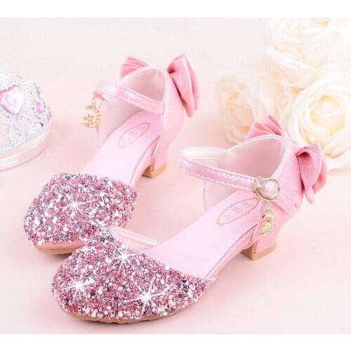 2019 Girls Bling Glitter Bowtie Sandals with high-heeled, Kids Princess Dance Performance Summer shoes, silver & Pink, 26-38