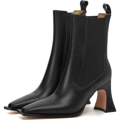 Womens Square Toe Chelsea Ankle Boots Genuine Leather Shoes Pull On High Heel Black Luxury Cowboy New 2021