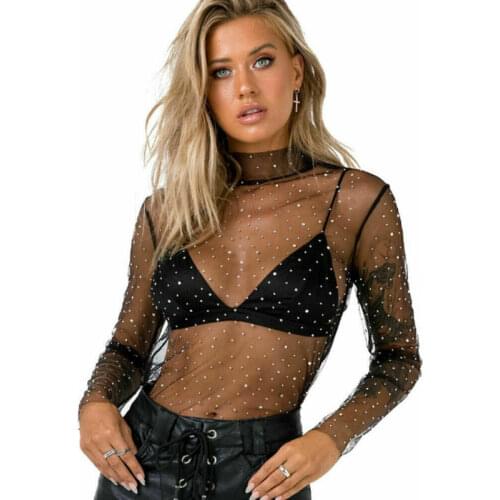 Women Blouses See-through Mesh Sheer Top Long Sleeve Shirt Blouse Top Black White Shirts Rhinestone Ladies Blouses And Tops