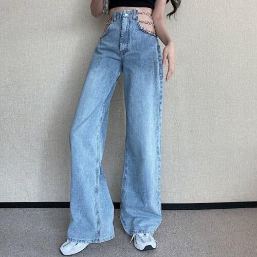 Sexy Hollow waist chain Jeans Womens Summer Thin High Waist Wide Leg Pants Straight Loose Jeans Skinny Womens clothing 880H