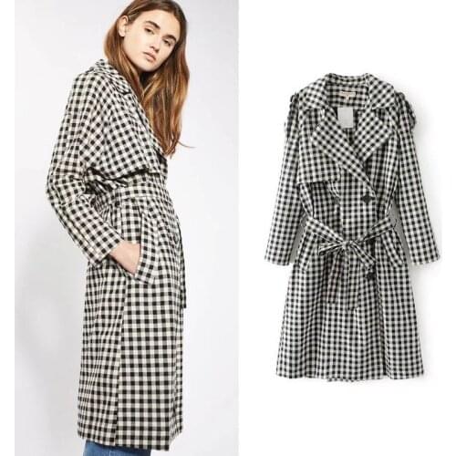 Denim Trench Coat 2019 Autumn New Wind Waist Self-cultivation Both Row Buckle Long Fund Lattice Windbreaker Loose Coat Woman