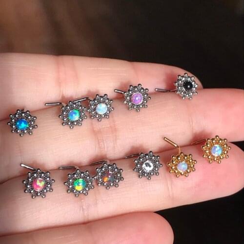 1Pc Opal Nose Piercing Ring Stainless Steel Silver Gold 0.8mm 20G L Shape Flower Nose Studs Piercing Body Jewelry