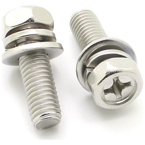 10pcs M4 M5 M6 M8 Hex Phillips Cross Head Bolt Phillips Hexagon Screws Flat Spring Washers Set 304 Stainless Steel L=12-50mm