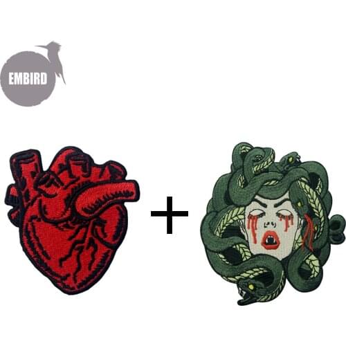 2Pcs Embird patches Embroidered patches clothing repair The Bleeding Medusa and Red Heart handmade patch sets for jackets patch
