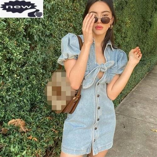 2021 Summer Denim Women Vintage Puff Sleeve Sexy Slim Bow Street V-Neck High Waist Single Breasted Short Dress