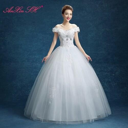 AXJFU princess little flower lace white wedding dress dubai party vintage beading crystal boat neck bride glaring wedding dress