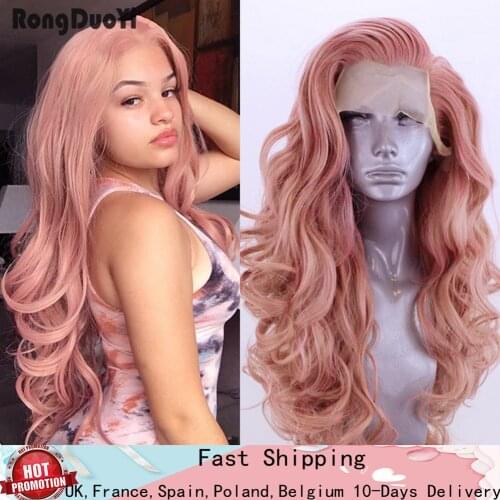 RONGDUOYI Long Synthetic Lace Front Wig High Temperature Fiber Lace Wigs for Women Pink Hair Body Wave Cosplay Wig Side Part