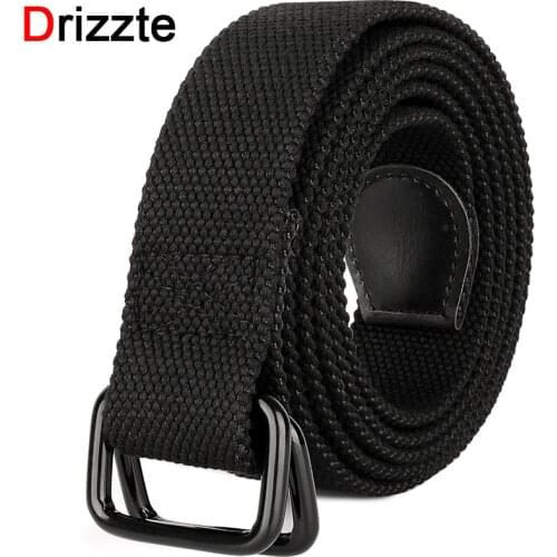 Drizzte Plus Size 100-190cm Big Tall Mens Double Ring Buckle Cotton Canvas Cloth Belt Fabric Web Belts Black Waist Jeans Belt