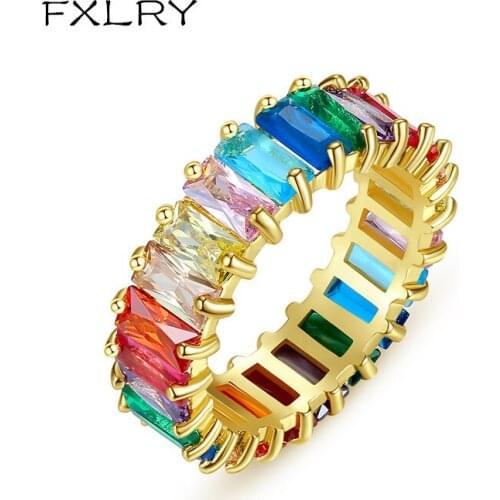 FXLRY High Quality Multicolor Color AAA Cubic Zirconia Rectangular Rings For Women Luxurious Jewelry Accessories