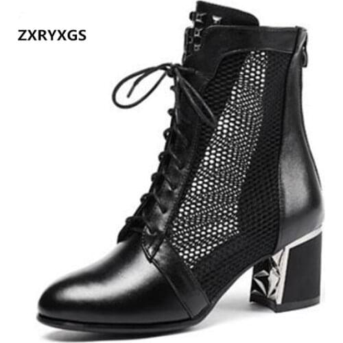 HOT ! Rivet Cowhide Mesh Summer Boots Women Sandals 2019 New Summer Shoes High Heel Sandals Women Shoes Elegant Fashion Sandals