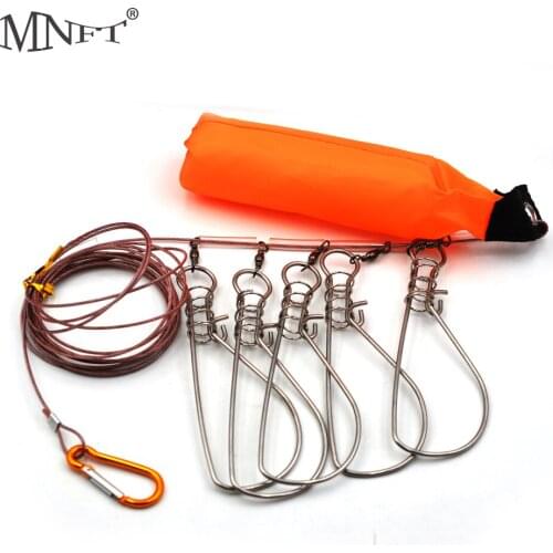 MNFT 1Set 5 Snaps Stainless Steel Fishing Stringer Live Fish Lock Steel Ropes Large Fish Lock with Float and Plastic Handle