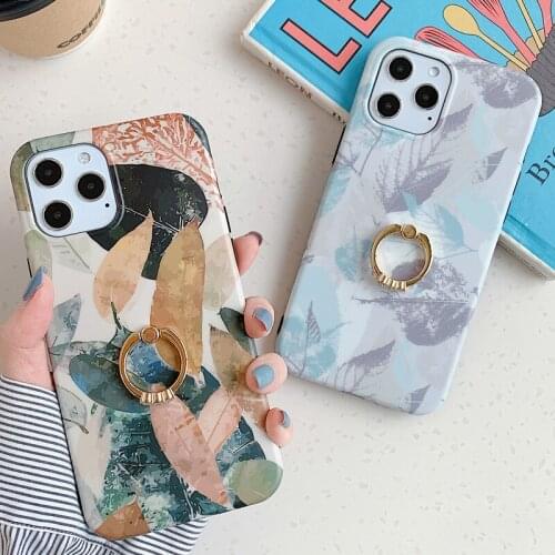 Fashion Vintage Leaves Soft TPU Phone Case for iPhone 12 Mini 11 Pro XS Max 7 8 Plus SE 2020 Finger Ring Holder Stand Back Cover