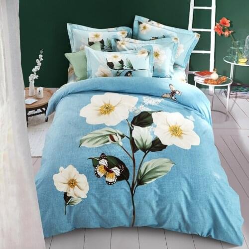 Sanding 100% Cotton Printed Flower Bedding Set Wedding Bed Sheet set Duvet Cover Pillowcase Queen King 4pcs blue calla lily rose