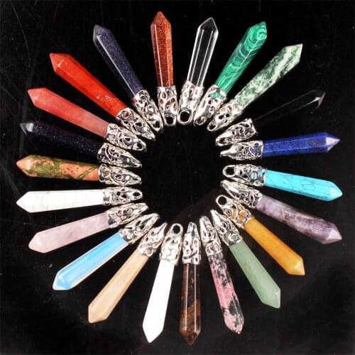 Natural Stone Healing Pointed Pendant Necklaces Hexagonal Column Circle Winding Wire Bullet Pink Crystal Women Yoga Jewelry