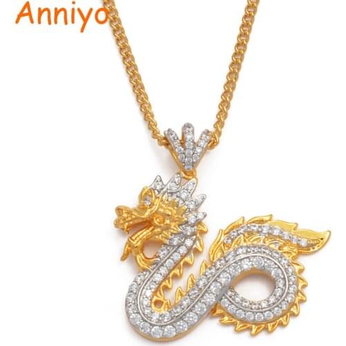 Anniyo Cubic Zirconia Dragon Pendant Necklaces for Women Girls Chinese Elements Jewelry Mascot Ornaments Lucky Symbol #069004
