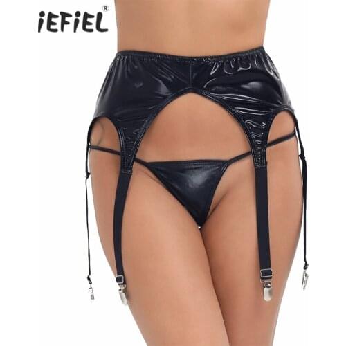Sexy Womans Black Garter Belt With G-String High Waist Wetlook Patent Leather Garter Belt for Sock Stockings Fastener Suspender