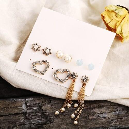 New Vintage Crystal Artificial Pearl Heart-shape Flower Cube Earrings For Women Fashion Boho Earring Set Female Brincos Jewelry