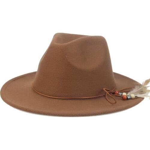 Women hats panamas wide brim band feather casual fedora hat solid green yellow white khaki fashinable outdoor felted winter hats