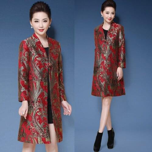 Autumn Spring Women Fashion Red Dobby Floral Chinese 4xl 5xl Trench Coat , Fall 2018 Embroidery Elegant Long Coats for Women