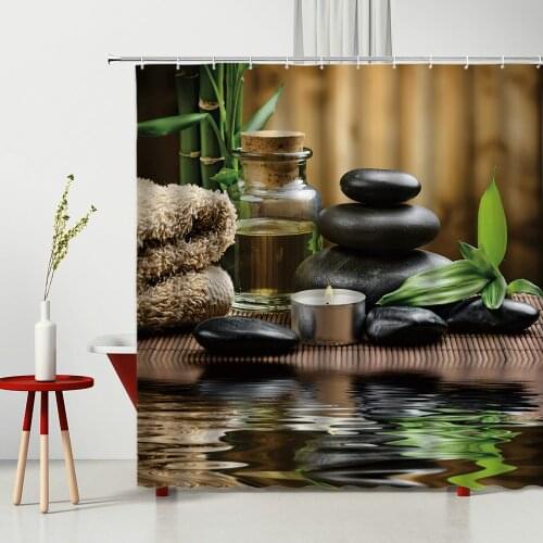 Wood Grain Zen Stone Waterproof Shower Curtain Chinese Style Bamboo Petal SPA Decorate Bathtub Home Decor With Hooks