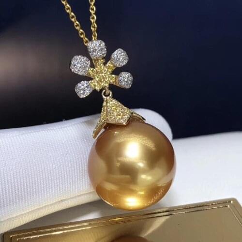 Fine Jewelry 18K Yellow Gold Natural Ocean Golden Pearl 14-13mm Pendant Necklaces for Women FIne Pearls Pendants
