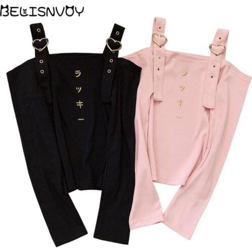 Japanese Harajuku Women T-Shirt Gothic Crop Top Slash Neck Off Shoulder Black Pink Cotton Tee Heart Straps Punk Style Embroidery