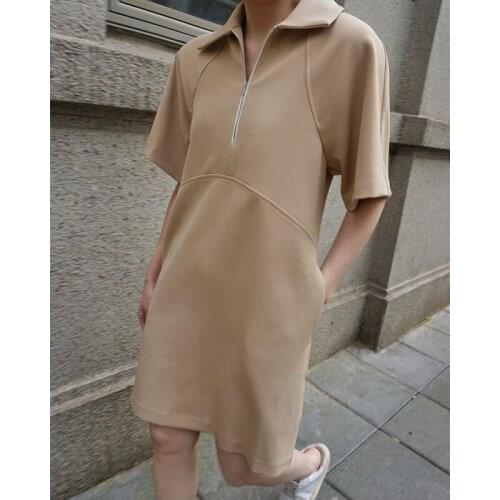 Women Dress 2021 Simple Nordic Style Collar Dress Temperament Commuting Front Zipper Short Sleeve Pullover Skirt