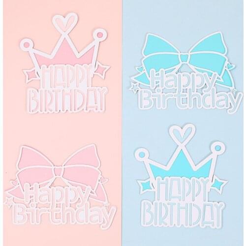 1pc Crown Bowknot Happy Birthday Pink Blue Cake Toppers For Kids Gifts Birthday Party Cake Decorations Baking Supplies