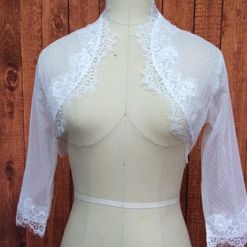 3/4 Sleeve Bridal Bolero Long Sleeve Wedding Jacket Shawl White Ivory Lace Applique Custom Size Dots Tulle Wedding Jackets
