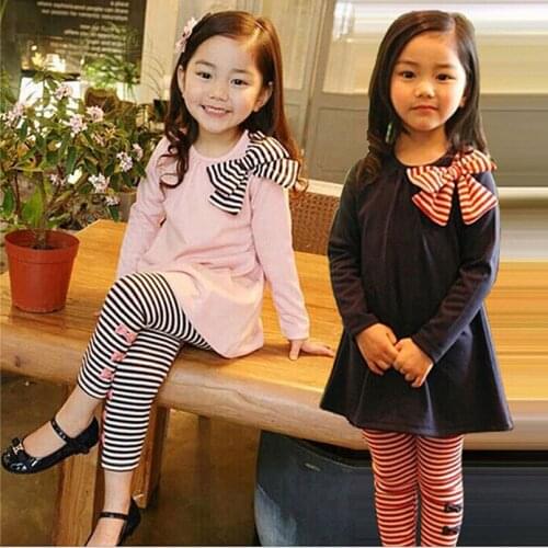 Children 2PCS Cloth Set Baby Girl Clothing Bowknot Top T shirt + stripe Pants Cloth Suit High quality cotton casual summer set