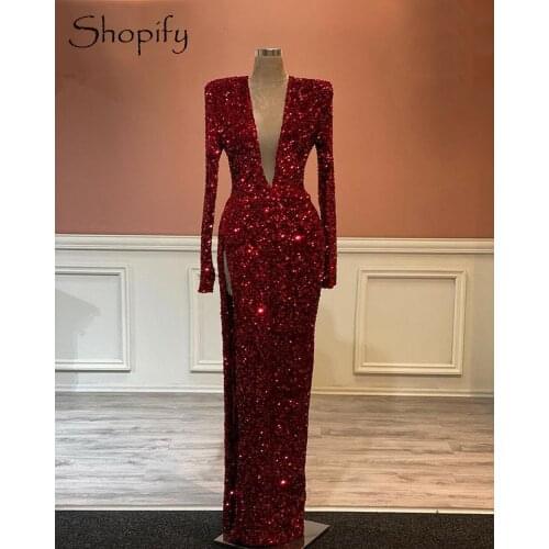 Long Sexy Prom Dresses 2021 Real Picture V-neck High Sleeve Long Sleeve Burgundy Sequin African Black Girls Prom Gowns
