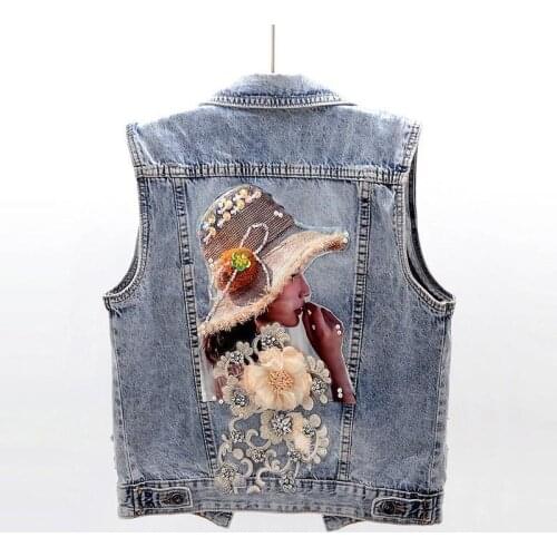 Spring Autumn Denim Vest Women Fashion Diamond Straw Hat Flowers Short Waistcoat Sleeveless Jacket Casual Jeans Coat Tide H1471