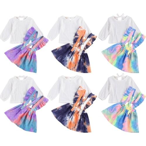 FOCUSNORM 1-6Y Fashion Kids Girls Tie Dye Clothes Sets Solid Long Sleeve T Shirts Tops Ruffles Printed Bib Strap Dress