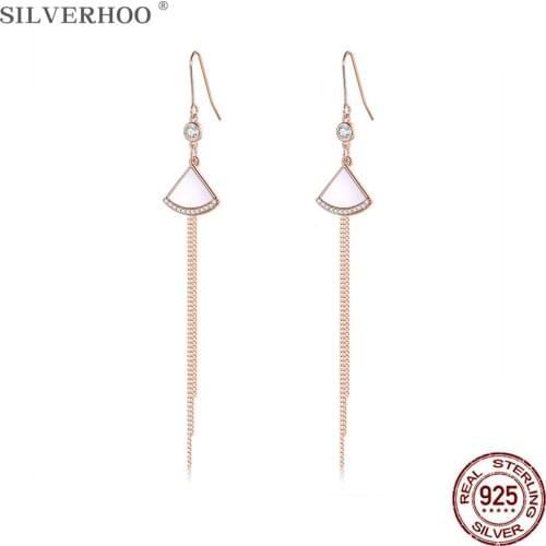 SILVERHOO 925 Sterling Silver Gold Color Tassel Drop Earring Geometry Fan Shaped Shell Earrings Dangle For Women Silver Jewelry
