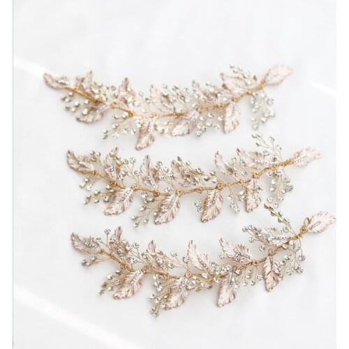 Ins Rhinestone Short Headband Bridal Tiara Gold Leaf Wedding Hair Crown Accessories Handmade Women Jewelry Headpiece