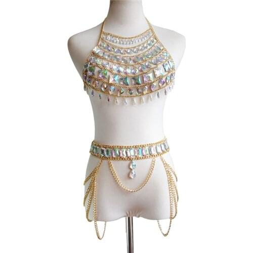 Shiny Crystal Rhinestones Hollow Out Patchwork Two Piece Sets Halter Backless Crop Tops Tassel Sexy Skirts Club Party Outfits