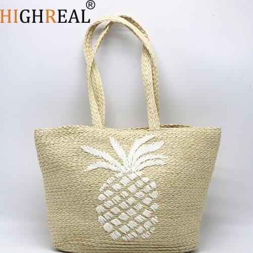 HIGHREAL Woven Rattan Bag Round Straw Shoulder Bag Beach HandBags Women Pineapple Design Summer Handmade Messenger Crossbody Bag