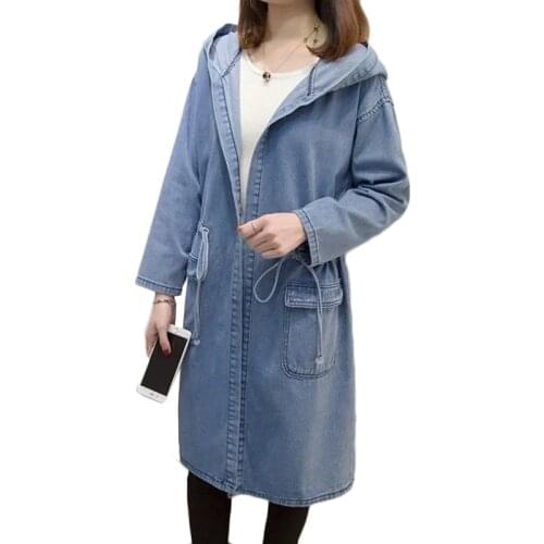 New Spring Autumn Hooded Denim Jacket Womens Casual Bomber Overcoat Trench Coat 4XL Plus Size Women Fashion Long Basic Outerwear
