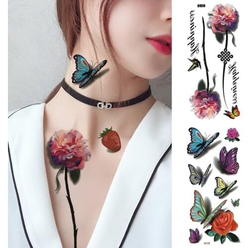 Small Fashion 3D Butterfly Tattoos Flower Rose Strawberry Fish Stickers Waterproof Temporary Tattoos Kiss Tattoo Sticker Sex